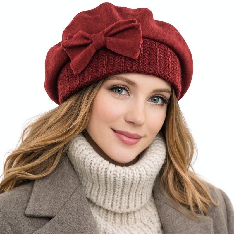 VECRY Women's 100% Wool Bucket Hat Felt Cloche Beret Dress Winter Beanie Hats (Beret-Claret) - Image 4